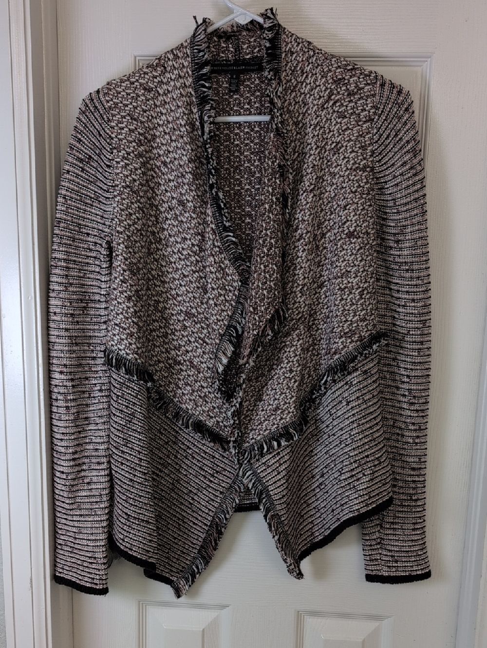 White House Black Market Cream and Black Fringe Open-Front Cardigan